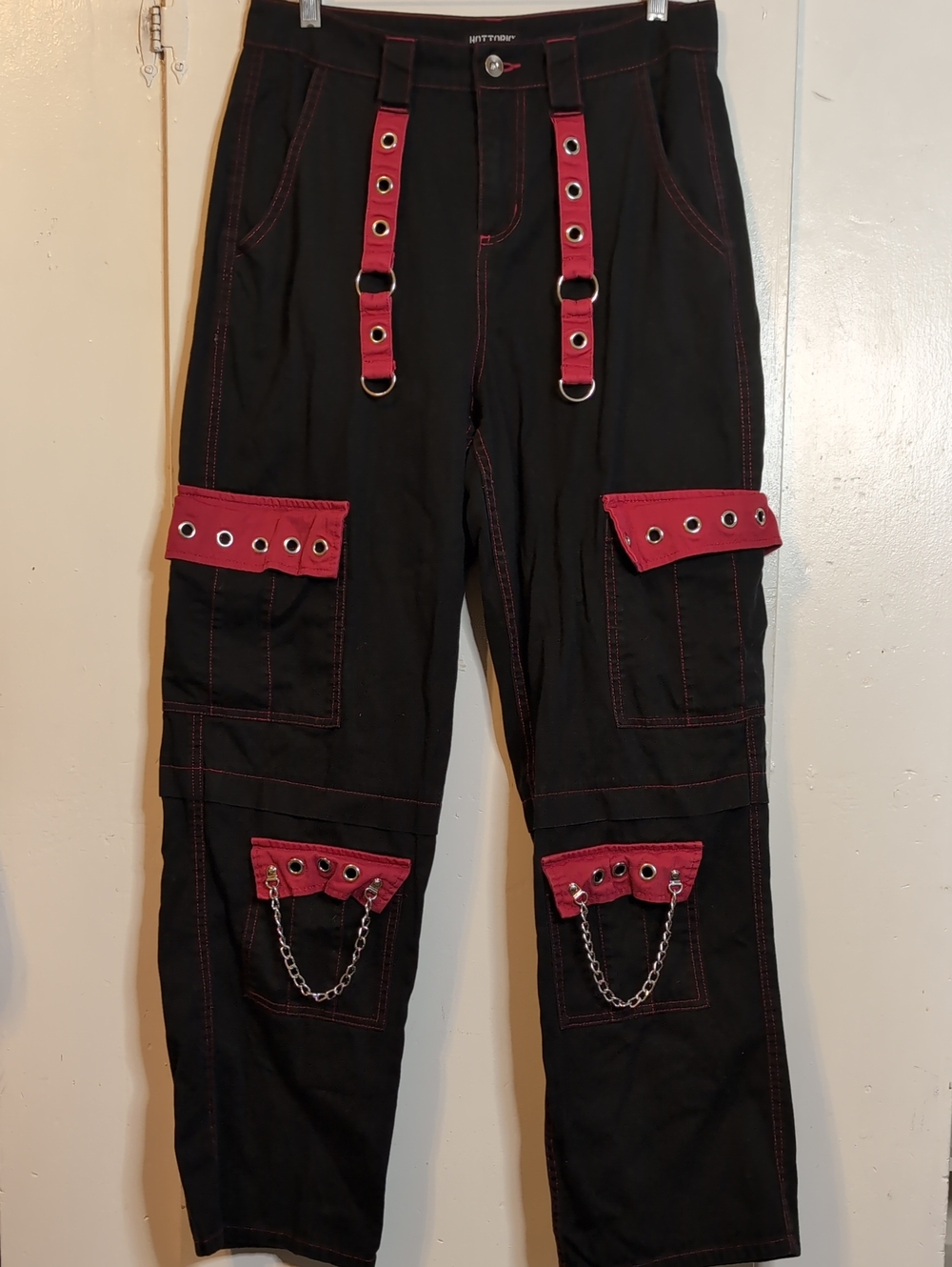Black & Red Grommet Strap Carpenter Heart Goth Pants womens 7